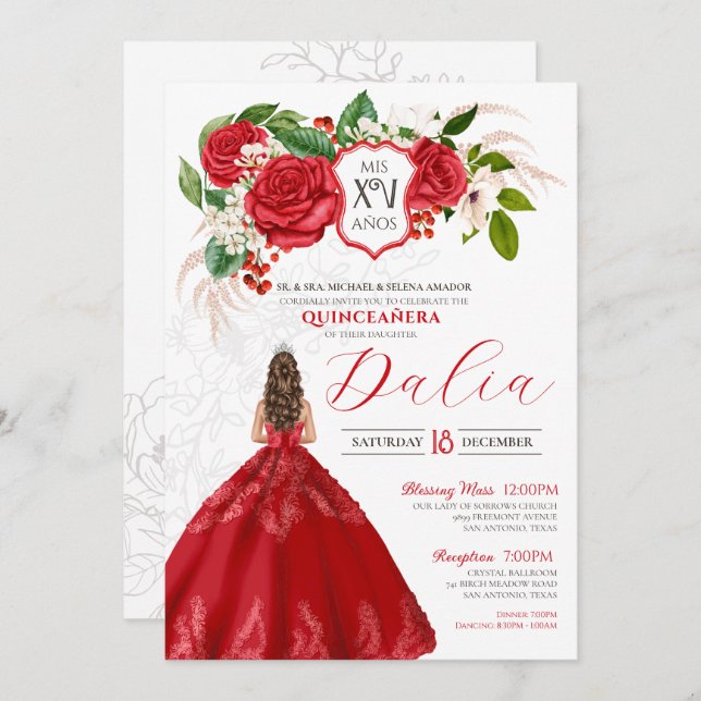 Bold Elegance Red Roses Floral Crest Quinceanera Invitation (Front/Back)