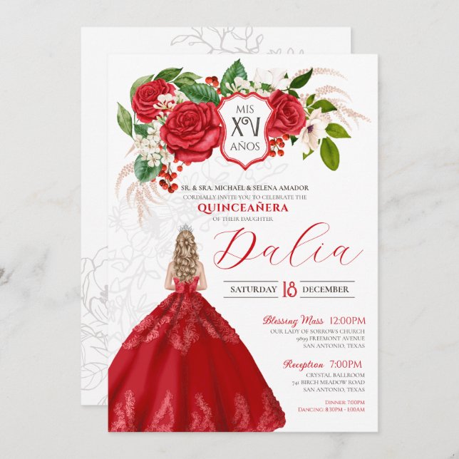 Bold Elegance Red Roses Floral Crest Quinceanera Invitation (Front/Back)