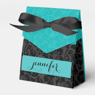 Bold Elegant Black & Turquoise Floral Damasks Favour Box