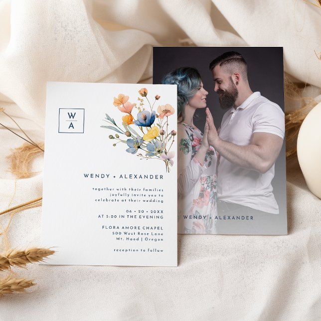 Bold Elegant Floral Monogram Crest Wedding Photo Invitation (Creator Uploaded)