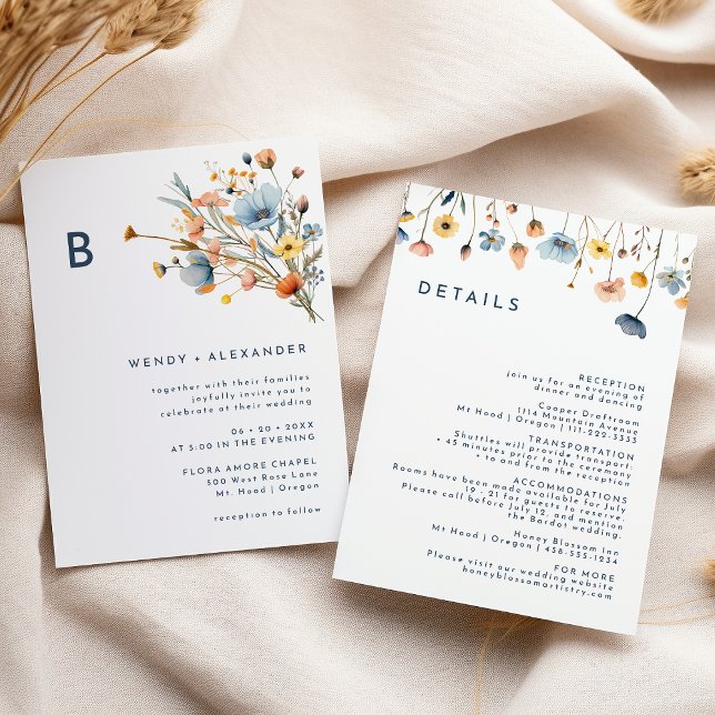 Bold Elegant Floral Monogram Wedding Details and Invitation (Creator Uploaded)