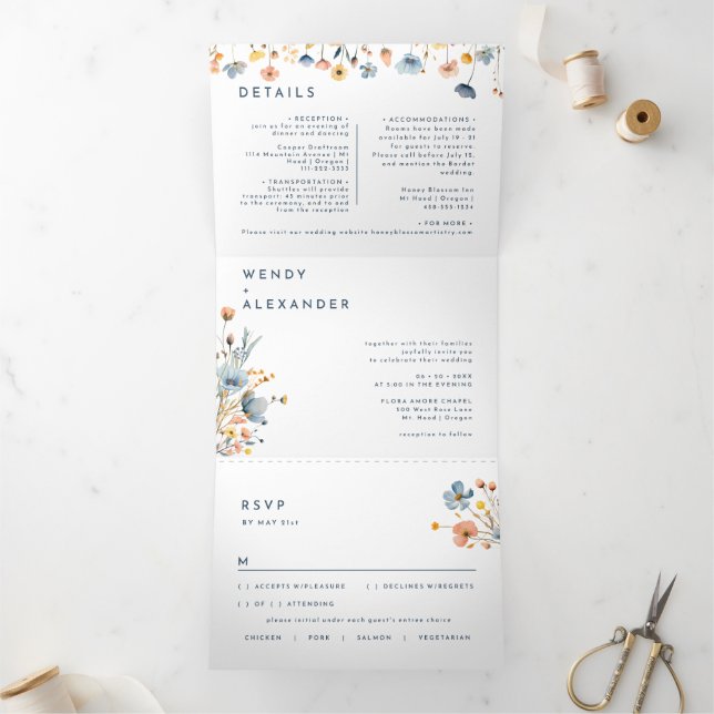 Bold Elegant Floral Wedding All in One Tri-Fold Invitation (Inside)