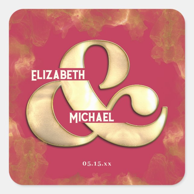 Bold Elegant Gold Pink Magenta Custom Wedding Square Sticker (Front)