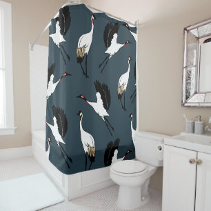 Bold Elegant Japanese Cranes Dark Navy Blue Shower Curtain