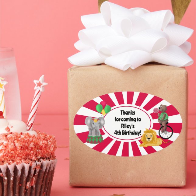 Bold Elephant Lion Bear Balloons Circus Thank You Oval Sticker (Party)