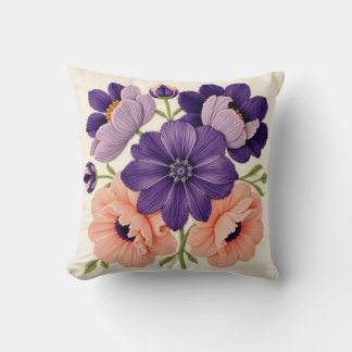 Bold Embroidered Blooms Violet Throw Pillow