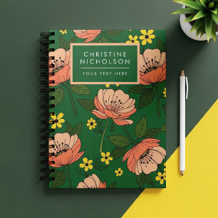 Bold Emerald Green and Peach Modern Floral Pattern Notebook
