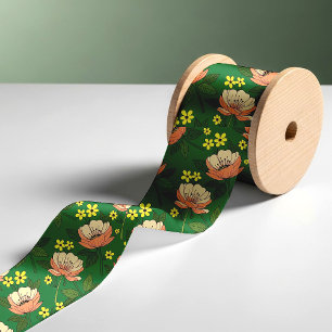 Bold Emerald Green and Peach Modern Floral Pattern Satin Ribbon
