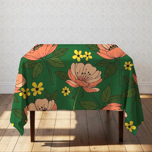 Bold Emerald Green and Peach Modern Floral Pattern Tablecloth