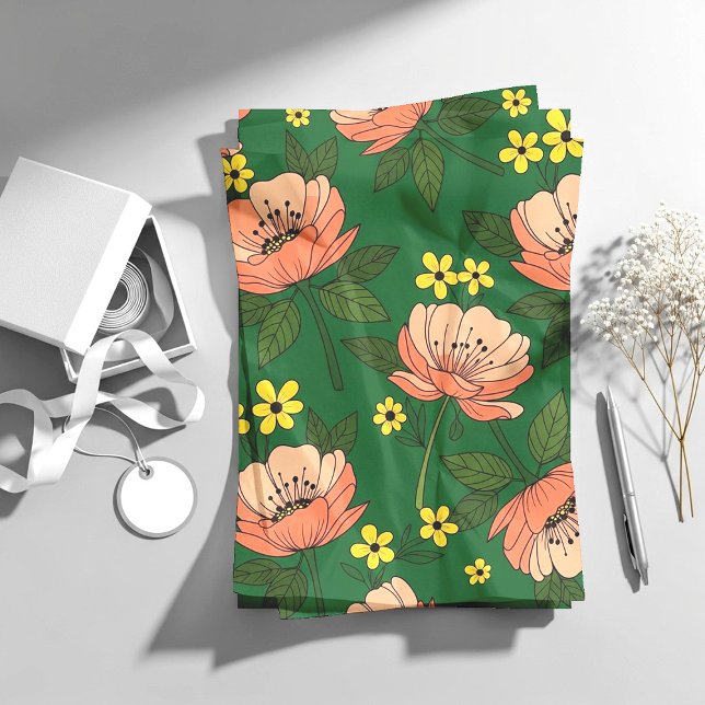 Bold Emerald Green and Peach Modern Floral Pattern Tissue Paper (Creator Uploaded)