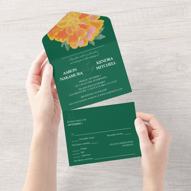 Bold Emerald Marigold Wedding All In One Invitation (Tearaway)