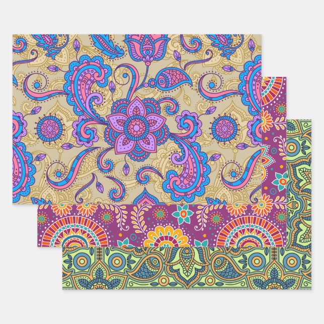 Bold Ethnic Colorful Paisley Trio Pattern Wrapping Paper Sheet (Set)