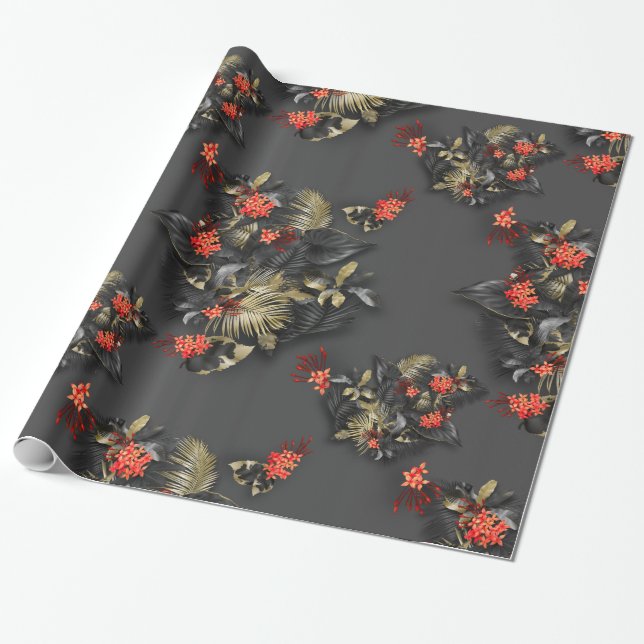 Bold Exotic Tropical Crimson Gold Black Foliage Wrapping Paper (Unrolled)