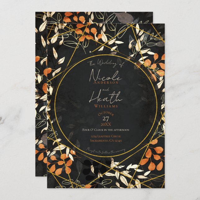Bold Fall Dark Floral Orange Gold Wedding   Invitation (Front/Back)