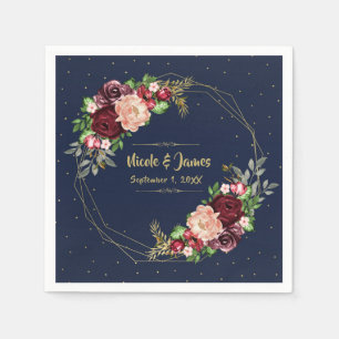 Bold Fall Floral Navy Blue Gold & Burgundy Wedding Napkin