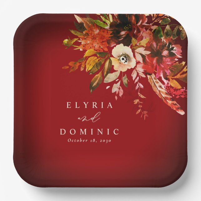 Bold Fall Floral Over Burnt Red Wedding Paper Plate (Front)