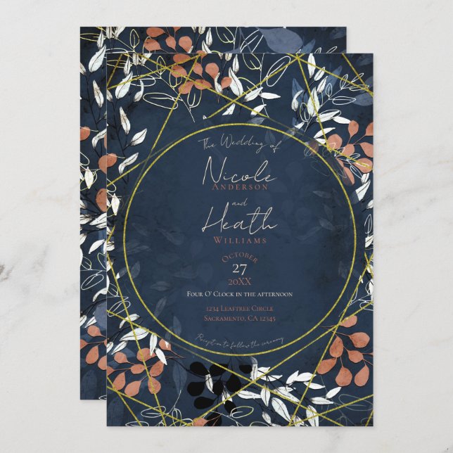 Bold Fall Floral Terracotta Blue Gold Wedding   Invitation (Front/Back)