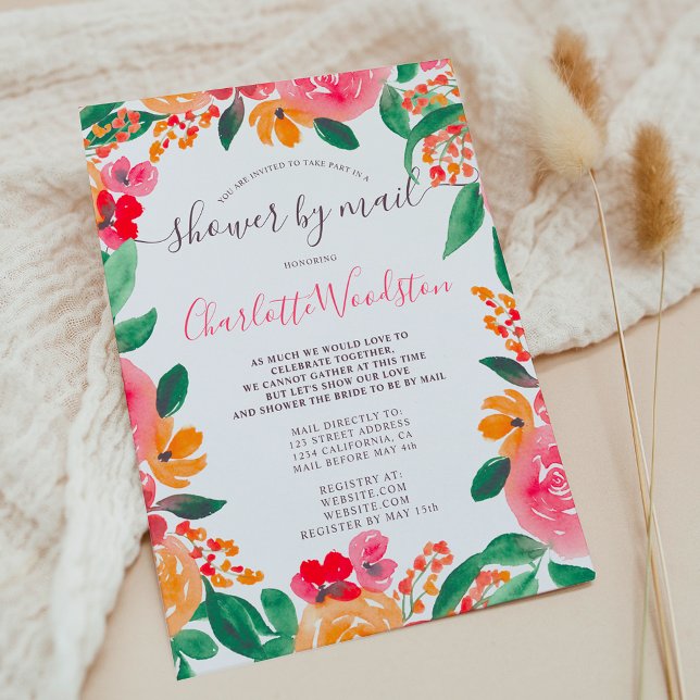 Bold fall pink orange floral bridal shower by mail invitation (Bold fall pink orange floral bridal shower by mail invitation)