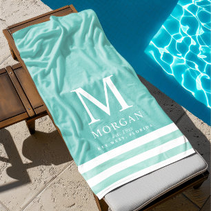 Bold Family Monogram Teal White Beach Towel
