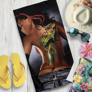 Bold Fantasy Dragon Tattoo Woman Beach Towel