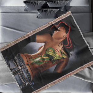 Bold  Fantasy Dragon Tattoo Woman Throw Blanket
