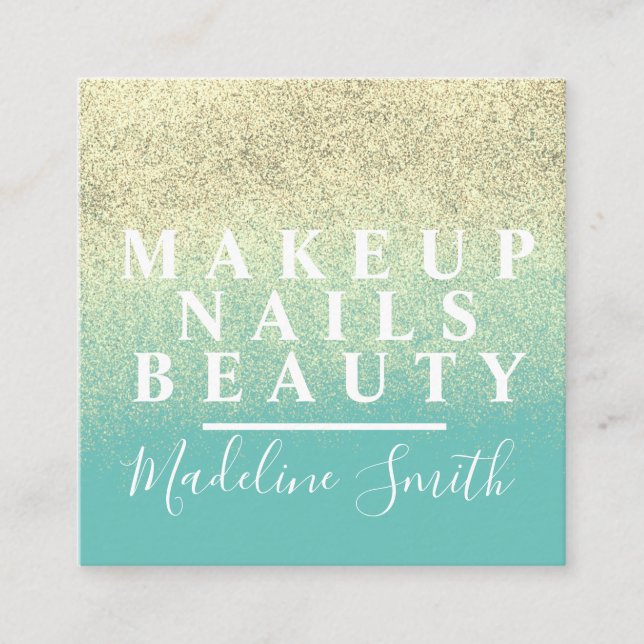 Bold  Faux Glitter Teal Gold Makeup Artist Nails   Square Business Card (Front)