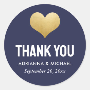 Bold Faux Gold Foil Heart Navy Blue Thank You Classic Round Sticker