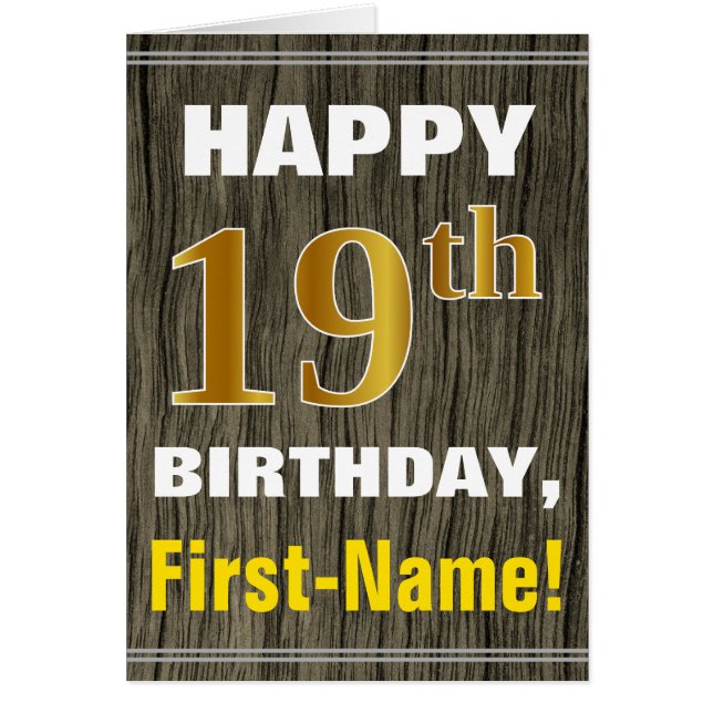 Bold, Faux Wood, Faux Gold 19th Birthday + Name (Front)