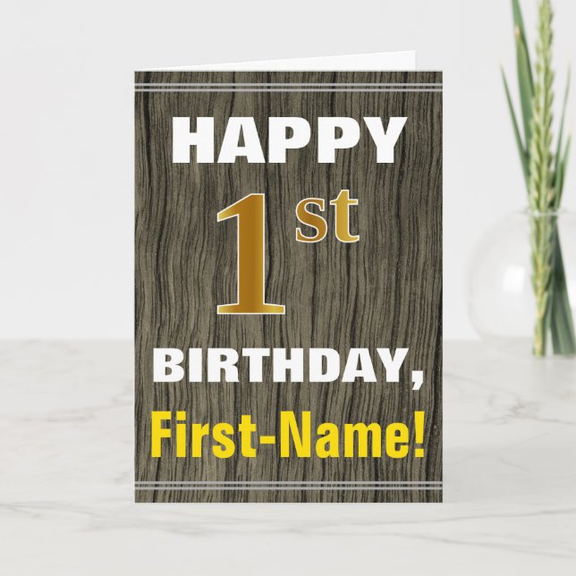Bold, Faux Wood, Faux Gold 1st Birthday + Name Card (Front)