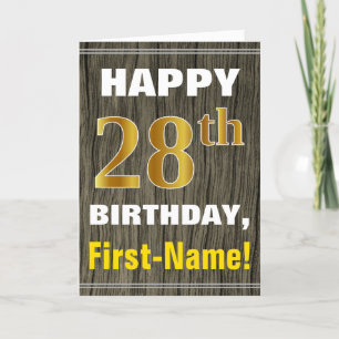 Bold, Faux Wood, Faux Gold 28th Birthday + Name Card