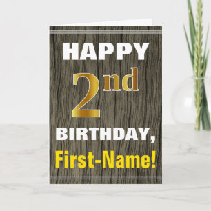Bold, Faux Wood, Faux Gold 2nd Birthday + Name Card