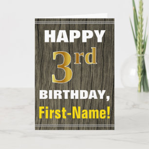 Bold, Faux Wood, Faux Gold 3rd Birthday + Name Card