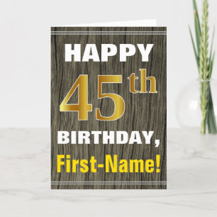 Bold, Faux Wood, Faux Gold 45th Birthday + Name Card