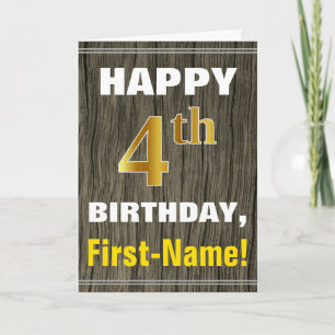 Bold, Faux Wood, Faux Gold 4th Birthday + Name Card