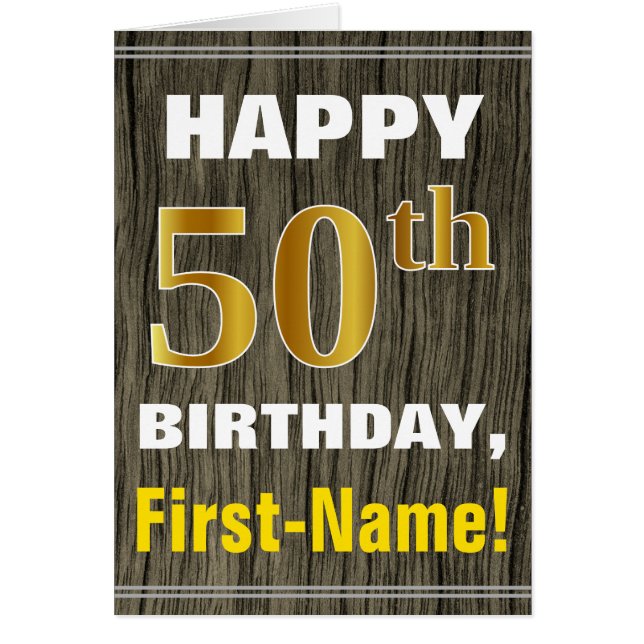 Bold, Faux Wood, Faux Gold 50th Birthday + Name (Front)