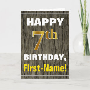 Bold, Faux Wood, Faux Gold 7th Birthday + Name Card