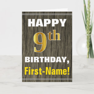 Bold, Faux Wood, Faux Gold 9th Birthday + Name Card