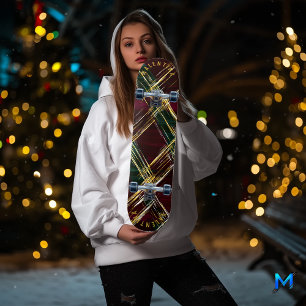 Bold Festive Plaid with Golden Highlights Skateboard