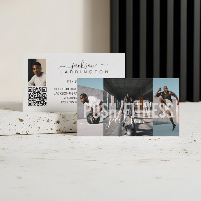 Bold Fitness Trainer Photo Collage Script Name QR Business Card (Bold Fitness Trainer Photo Collage Script Name QR Business Card)