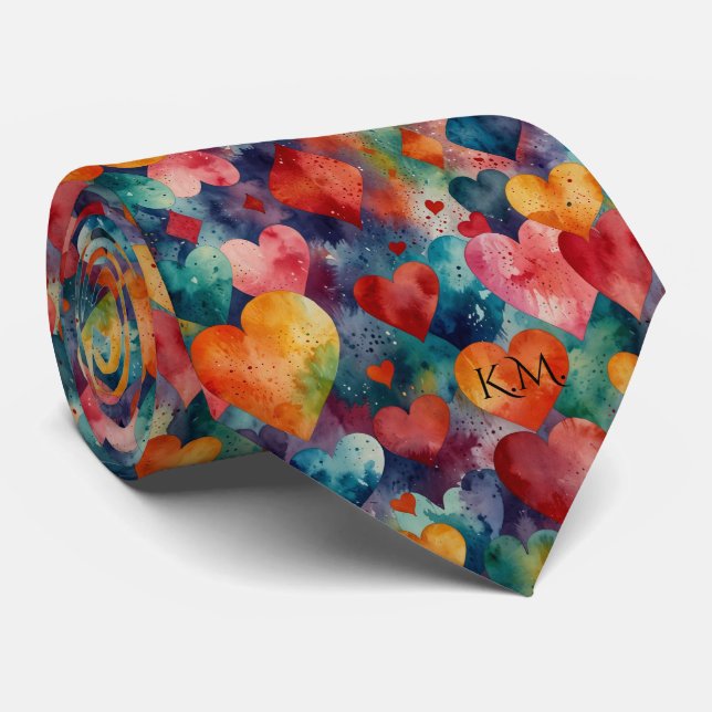 Bold Flamboyant Colours Dynamic Playful Hearts Tie (Rolled)