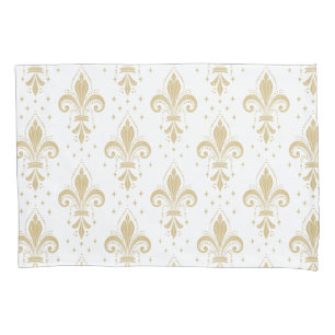 Bold fleur-de-lis seamless pattern on white pillowcase