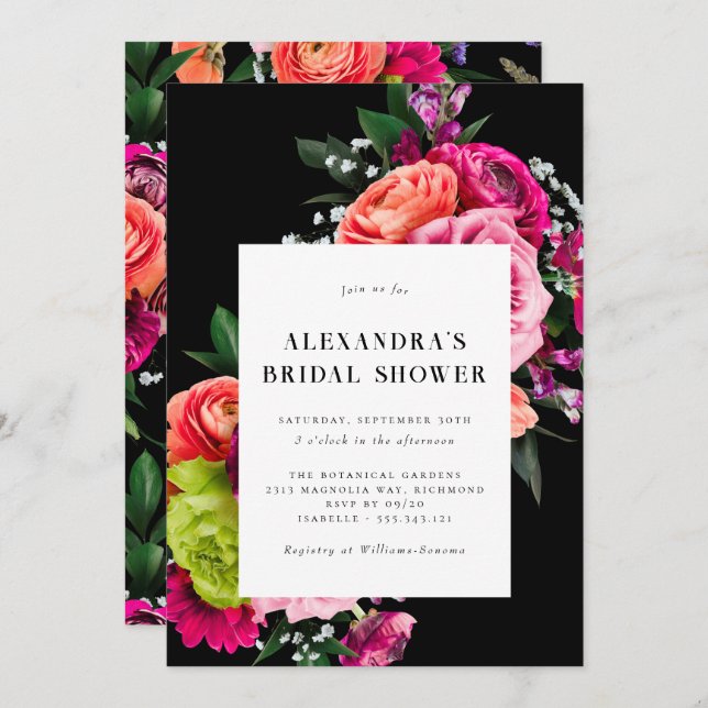 Bold Floral | Black and Magenta Pink Bridal Shower Invitation (Front/Back)