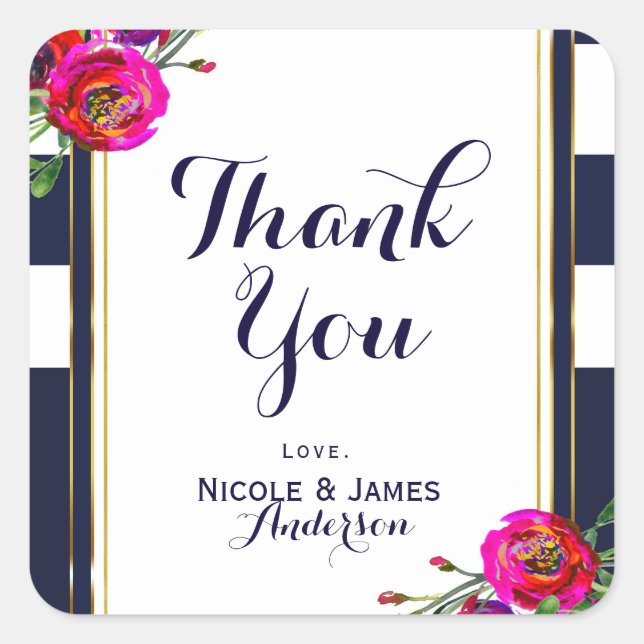 Bold Floral Blue & Gold Elegant Classy Modern Square Sticker (Front)