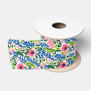Bold Floral Blue Pink Green Maximalist Pattern  Satin Ribbon