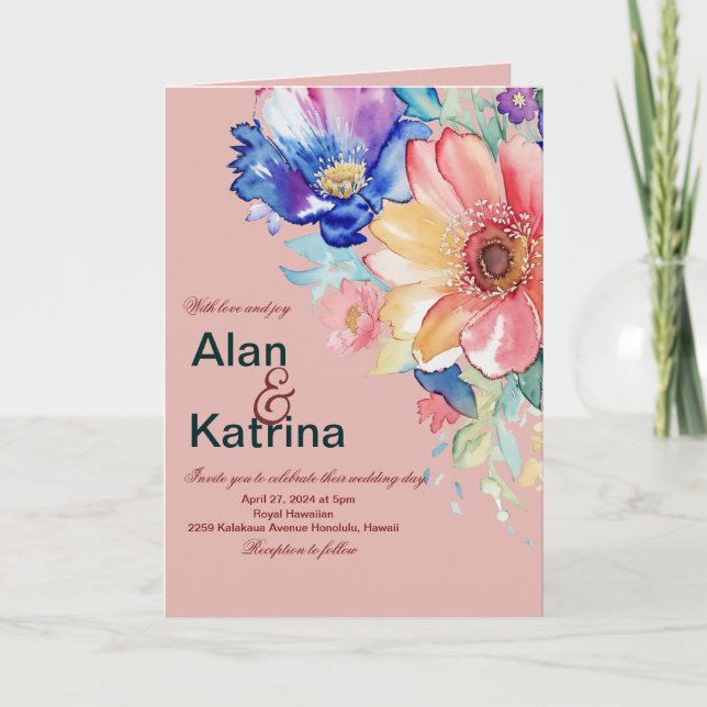 Bold Floral Blush Coral Pink Folded Wedding Invitation (Front)