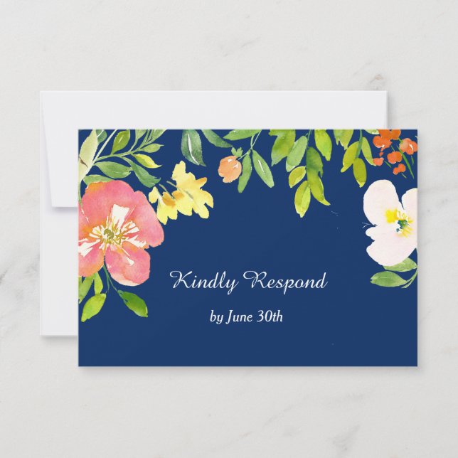 Bold Floral Border Navy Blue Wedding RSVP Card (Front)
