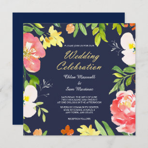 Bold Floral Border on Navy Blue Wedding Invitation