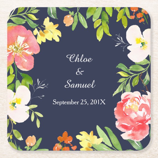 Bold Floral Border on Navy Blue Wedding Square Paper Coaster (Front)
