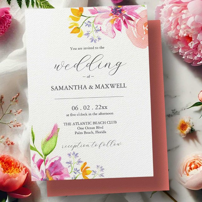 Bold Floral Bright Colour Wedding Invitations (Watercolor bold floral blooms wedding invitations by Victoria Grigaliunas Do Tell A Belle)