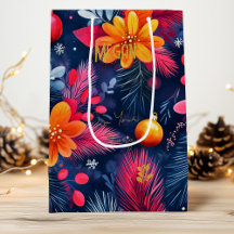 Bold Floral Christmas Ornament Holiday Gift Bag